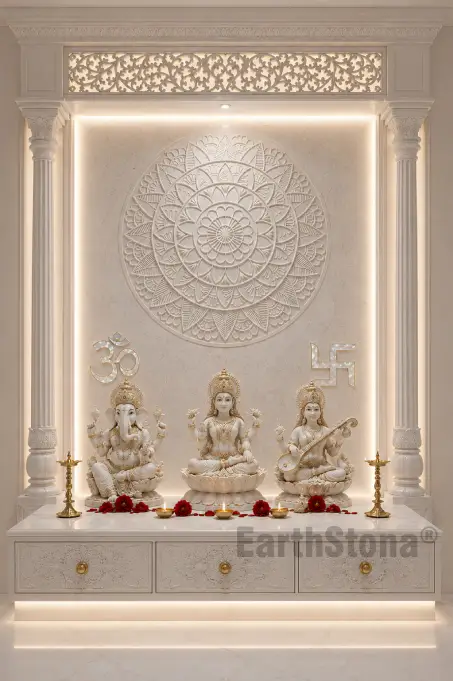 Elegant Vietnam white marble mandir with MOP Om Swastik inlay carved pillars and luxury jaali design by EarthStona